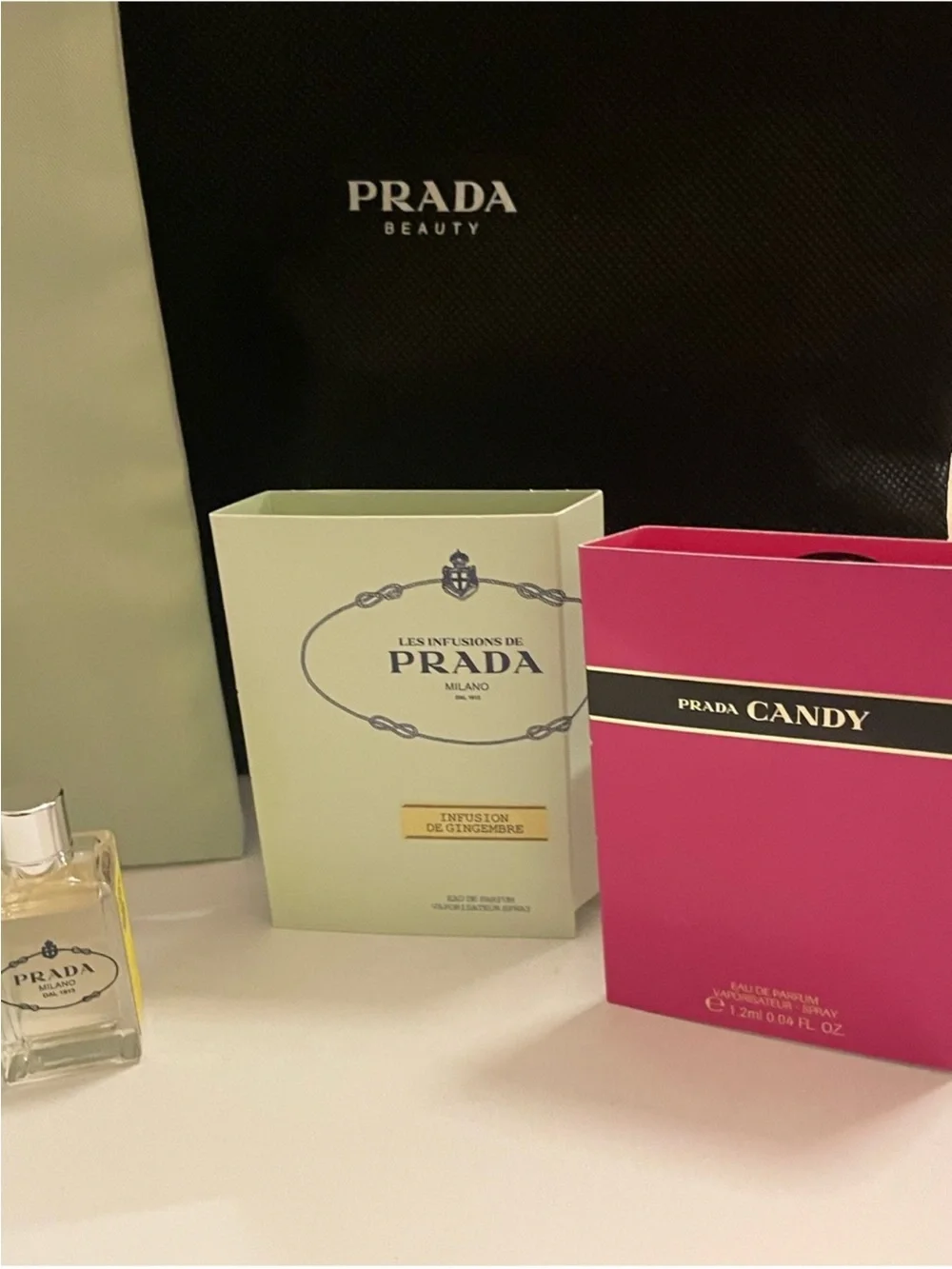Prada Beauty Set 5 Pieces, Balm,”Empty” Bottles & Sage Green Pouch New in Dusty